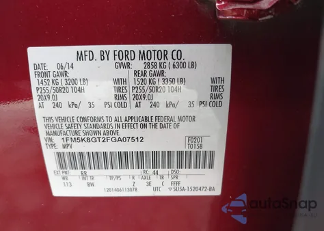 2015 Ford Explorer Sport из США, поврежденный, VIN 1FM5K8GT2FGA07512